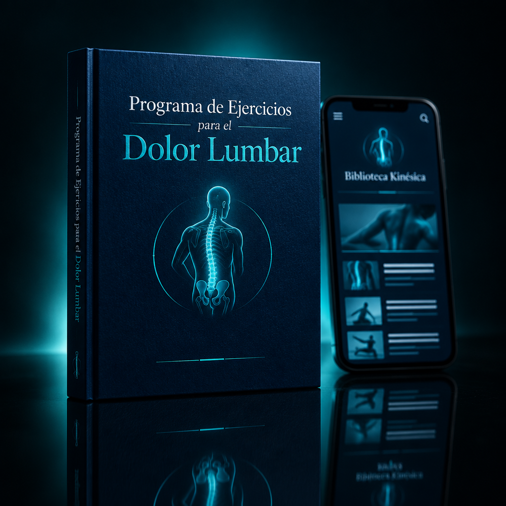 Programa de Ejercicios para el Dolor Lumbar — mockup del material y la app Biblioteca Kinésica
